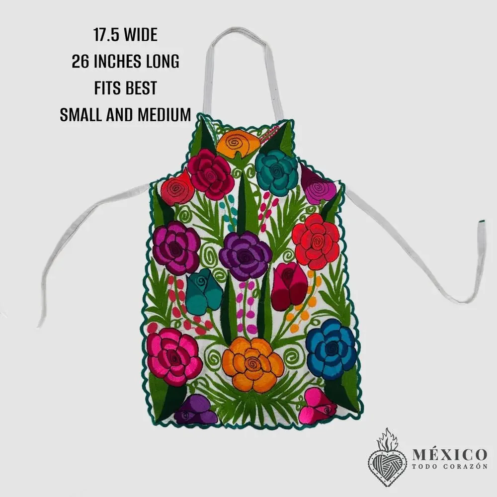 Mexican Embroidered Bib Apron for Women – Multicolor with Floral Design S M